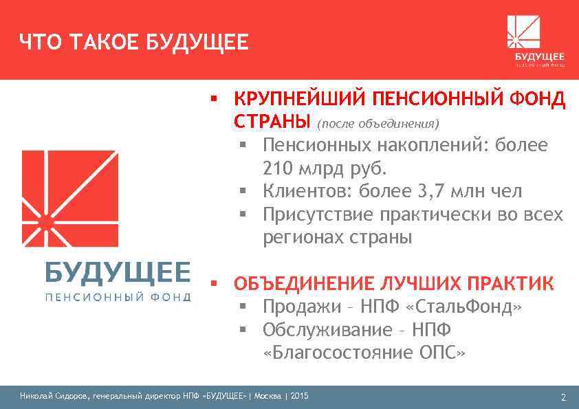 ЧТО ТАКОЕ БУДУЩЕЕ § КРУПНЕЙШИЙ ПЕНСИОННЫЙ ФОНД СТРАНЫ (после объединения) § Пенсионных накоплений: более