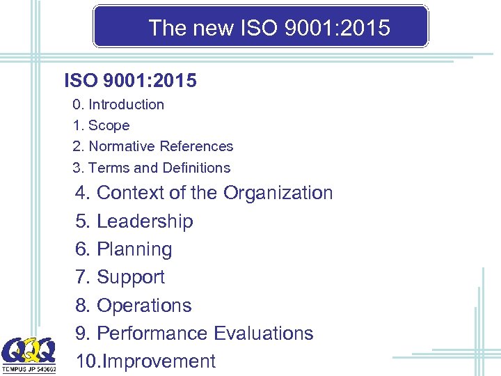 The new ISO 9001: 2015 0. Introduction 1. Scope 2. Normative References 3. Terms