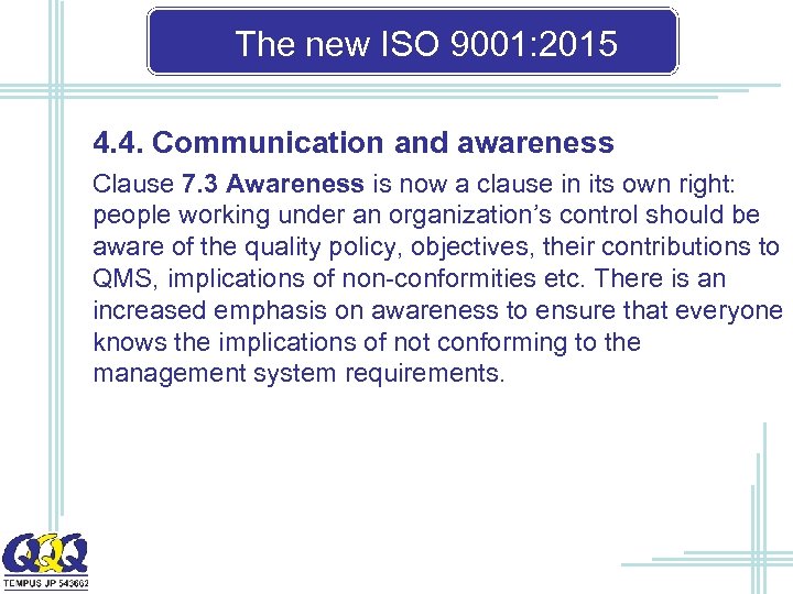 The new ISO 9001: 2015 4. 4. Communication and awareness Clause 7. 3 Awareness