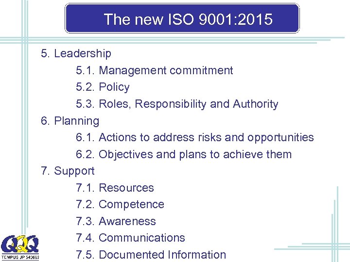 The new ISO 9001: 2015 5. Leadership 5. 1. Management commitment 5. 2. Policy