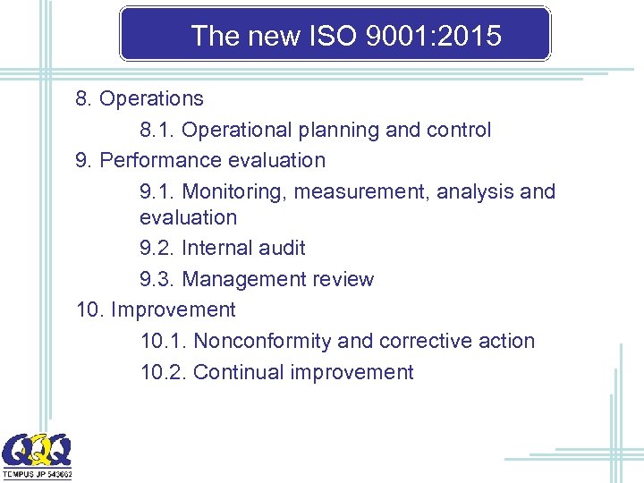 The new ISO 9001: 2015 8. Operations 8. 1. Operational planning and control 9.