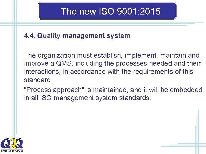 The new ISO 9001: 2015 4. 4. Quality management system The organization must establish,