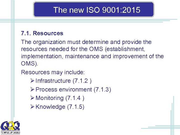 The new ISO 9001: 2015 7. 1. Resources The organization must determine and provide