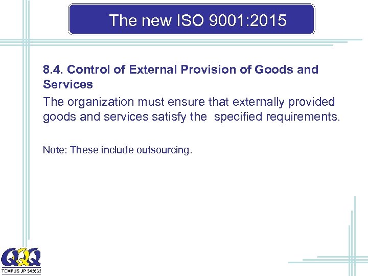 The new ISO 9001: 2015 8. 4. Control of External Provision of Goods and