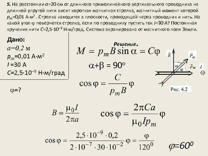 5. На расстоянии а=20 см от длинного прямолинейного вертикального проводника на длинной упругой нити