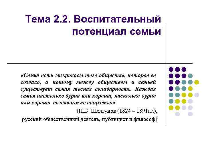 Тема 2. 2. Воспитательный потенциал семьи «Семья есть микрокосм того общества, которое ее создало,