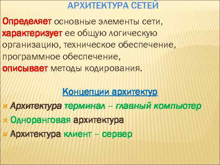 АРХИТЕКТУРА СЕТЕЙ Определяет основные элементы сети, характеризует ее общую логическую организацию, техническое обеспечение, программное