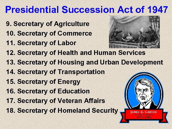Presidential Succession Act of 1947 9. Secretary of Agriculture 10. Secretary of Commerce 11.