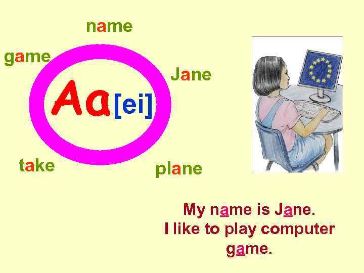 name game Aa[ei] take Jane plane My name is Jane. I like to play