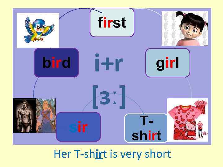 first bird sir i+r [ɜː] girl Tshirt Her T-shirt is very short 