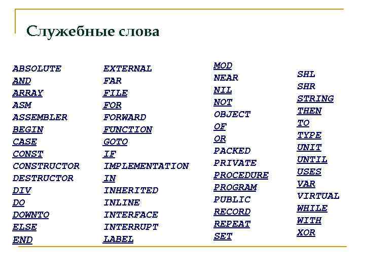 Служебные слова ABSOLUTE AND ARRAY ASM ASSEMBLER BEGIN CASE CONSTRUCTOR DESTRUCTOR DIV DO DOWNTO