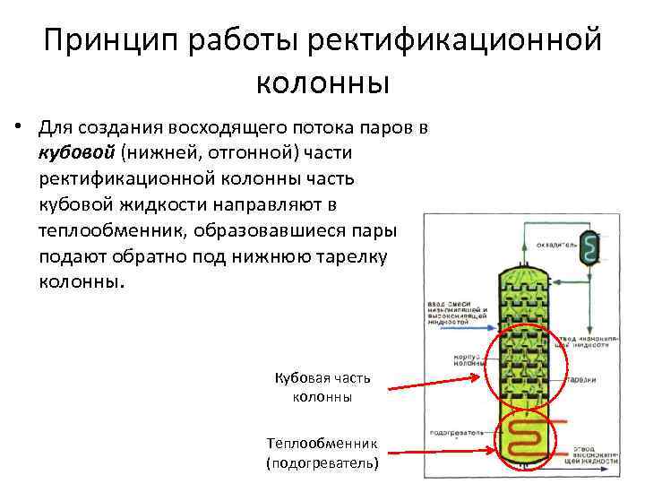 Принцип работы ректификационной колонны • Для создания восходящего потока паров в кубовой (нижней, отгонной)
