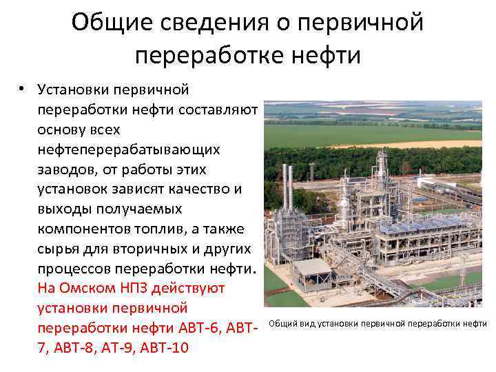 Общие сведения о первичной переработке нефти • Установки первичной переработки нефти составляют основу всех