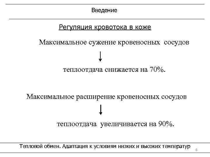 Введение Регуляция кровотока в коже Максимальное сужение кровеносных сосудов теплоотдача снижается на 70%. Максимальное