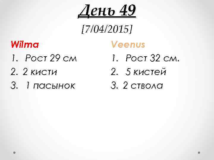 День 49 [7/04/2015] Wilma 1. Рост 29 см 2. 2 кисти 3. 1 пасынок