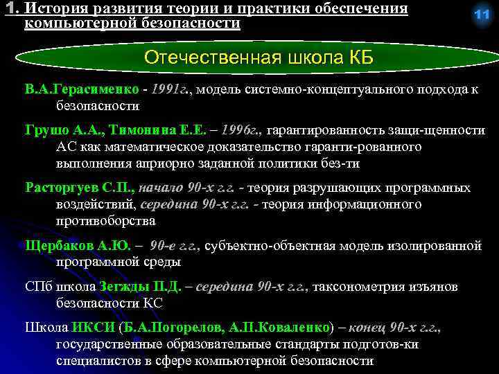 1. История развития теории и практики обеспечения компьютерной безопасности 11 Отечественная школа КБ В.