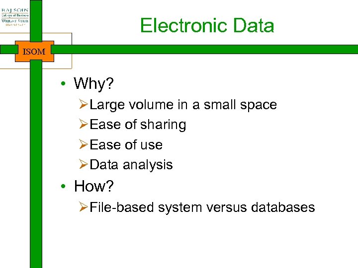 Electronic Data ISOM • Why? ØLarge volume in a small space ØEase of sharing