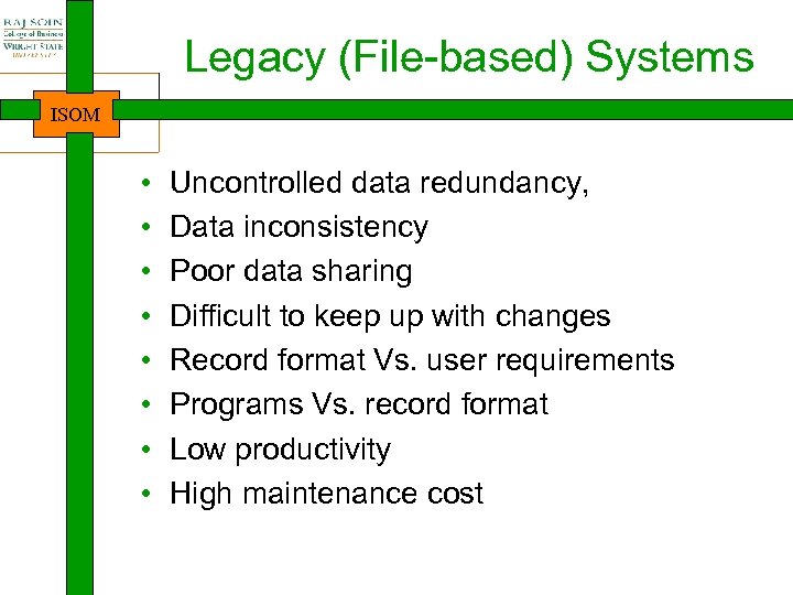 Legacy (File-based) Systems ISOM • • Uncontrolled data redundancy, Data inconsistency Poor data sharing