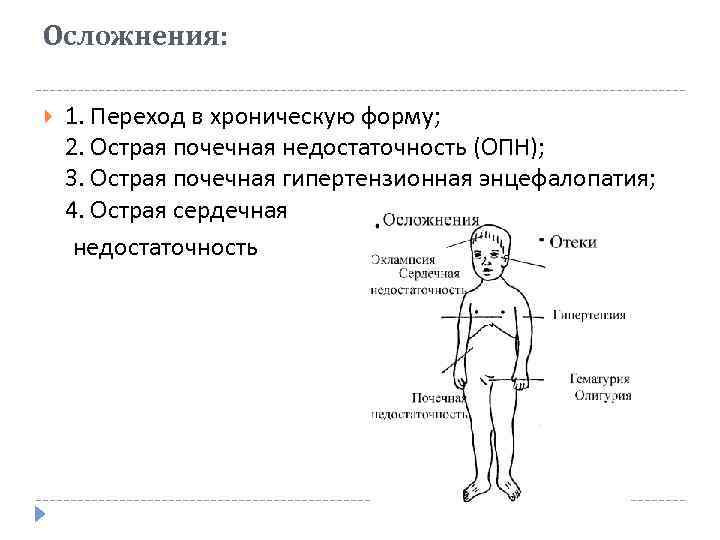 Осложнения: 1. Переход в хроническую форму; 2. Острая почечная недостаточность (ОПН); 3. Острая почечная