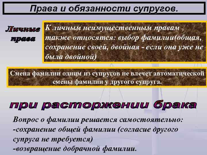 Права и обязанности супругов. К личным неимущественным правам также относятся: выбор фамилии(общая, сохранение своей,