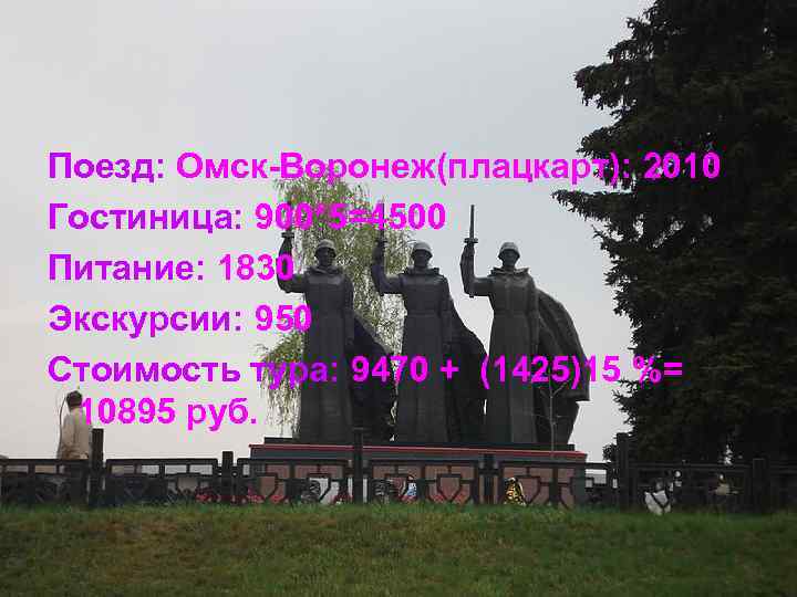 Поезд: Омск-Воронеж(плацкарт): 2010 Гостиница: 900*5=4500 Питание: 1830 Экскурсии: 950 Стоимость тура: 9470 + (1425)15