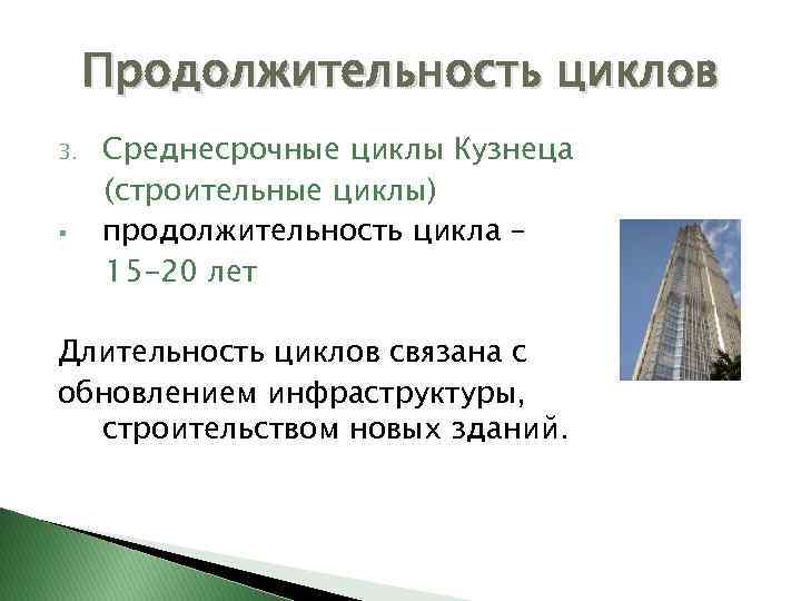 Продолжительность циклов 3. § Среднесрочные циклы Кузнеца (строительные циклы) продолжительность цикла – 15 -20
