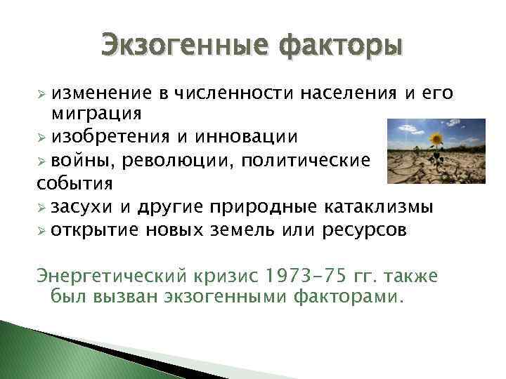 Экзогенные факторы Ø изменение в численности населения и его миграция Ø изобретения и инновации