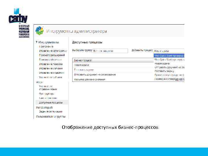 Отображение доступных бизнес-процессов 