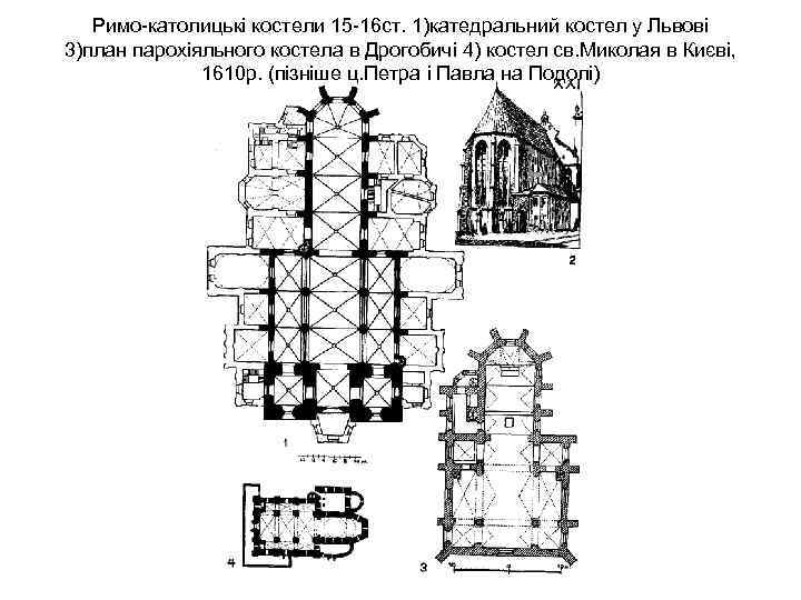 Римо-католицькі костели 15 -16 ст. 1)катедральний костел у Львові 3)план парохіяльного костела в Дрогобичі