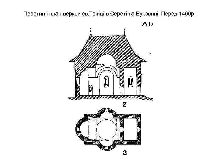 Перетин і план церкви св. Трійці в Сереті на Буковині. Перед 1400 р. 
