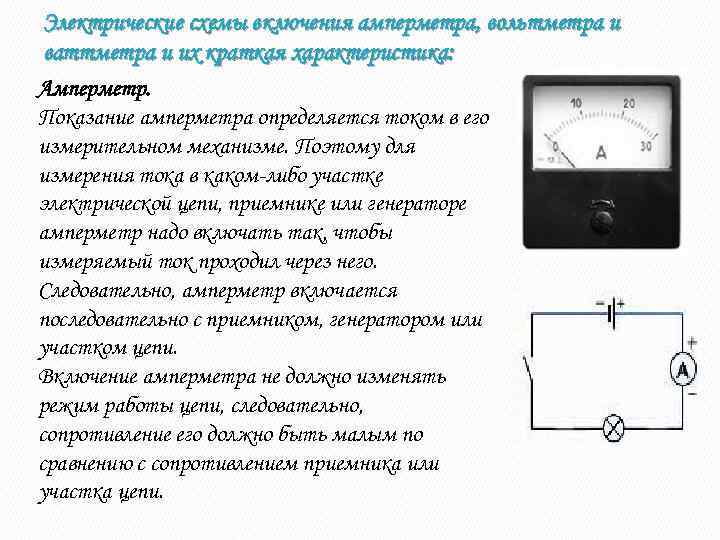 Электрические схемы включения амперметра, вольтметра и ваттметра и их краткая характеристика: Амперметр. Показание амперметра