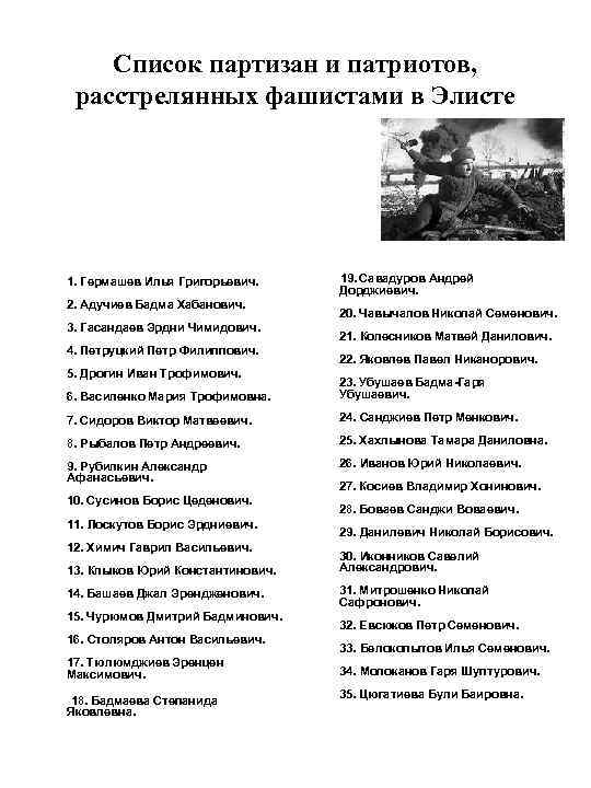 Список партизан и патриотов, расстрелянных фашистами в Элисте 1. Гермашев Илья Григорьевич. 2. Адучиев