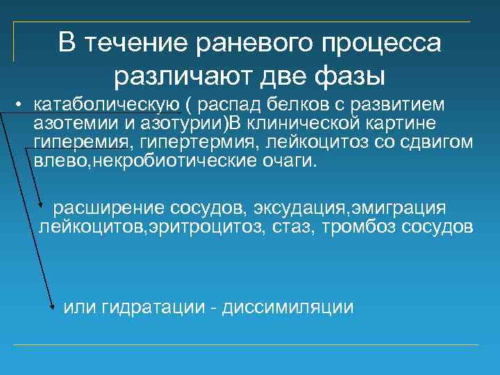 В течение раневого процесса различают две фазы • катаболическую ( распад белков с развитием