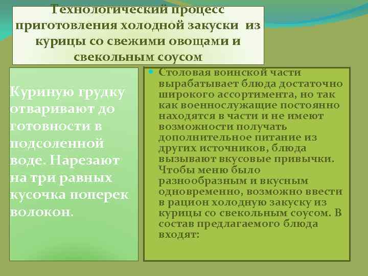 Технологический процесс приготовления холодной закуски из курицы со свежими овощами и свекольным соусом Куриную