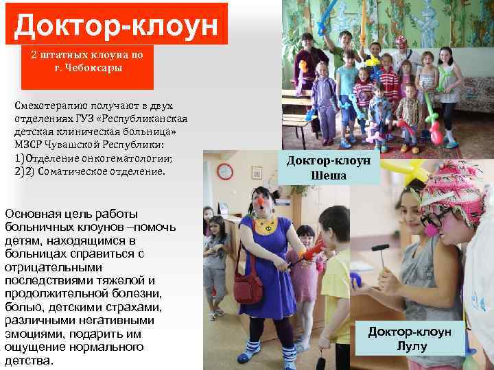Доктор-клоун 2 штатных клоуна по г. Чебоксары Смехотерапию получают в двух отделениях ГУЗ «Республиканская