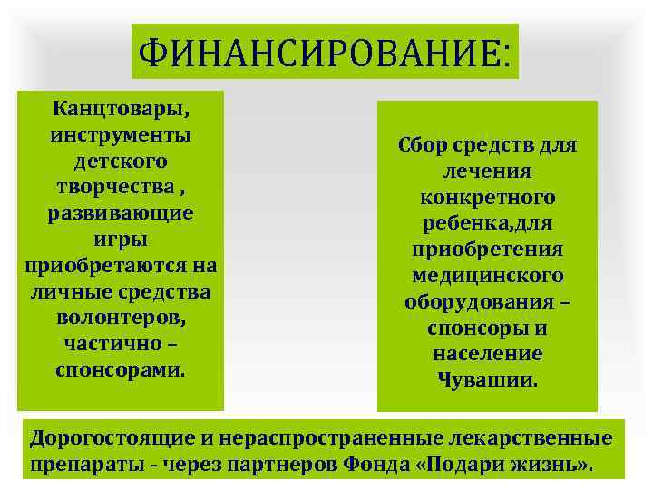 ФИНАНСИРОВАНИЕ: Канцтовары, инструменты детского творчества , развивающие игры приобретаются на личные средства волонтеров, частично