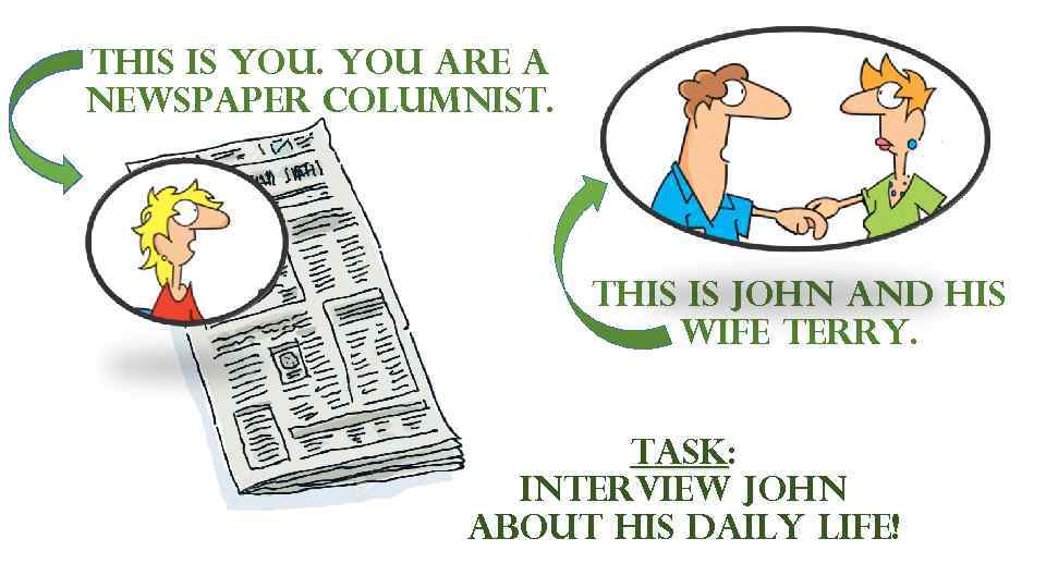 THIS IS YOU. You are A newspaper columnist. This is john and his wife