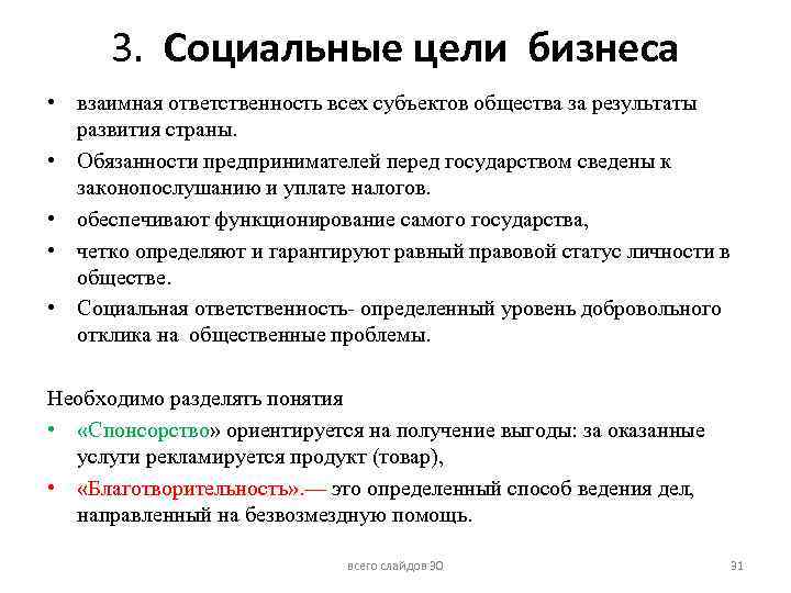 3. Социальные цели бизнеса • взаимная ответственность всех субъектов общества за результаты развития страны.