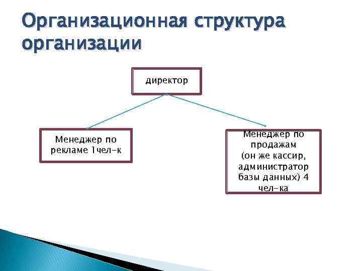 Организационная структура организации директор Менеджер по рекламе 1 чел-к Менеджер по продажам (он же