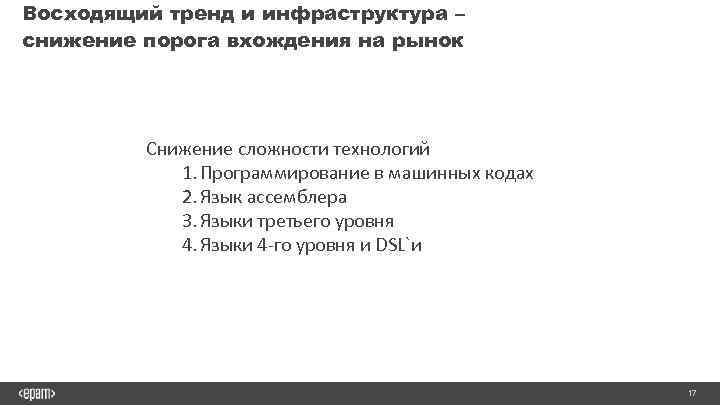 Восходящий тренд и инфраструктура – снижение порога вхождения на рынок Снижение сложности технологий 1.