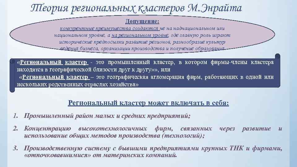 Теория региональных кластеров М. Энрайта Допущение: конкурентные преимущества создаются не на наднациональном или национальном