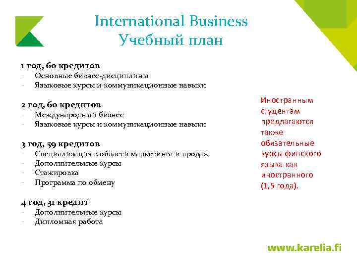 International Business Учебный план 1 год, 60 кредитов - Основные бизнес-дисциплины Языковые курсы и