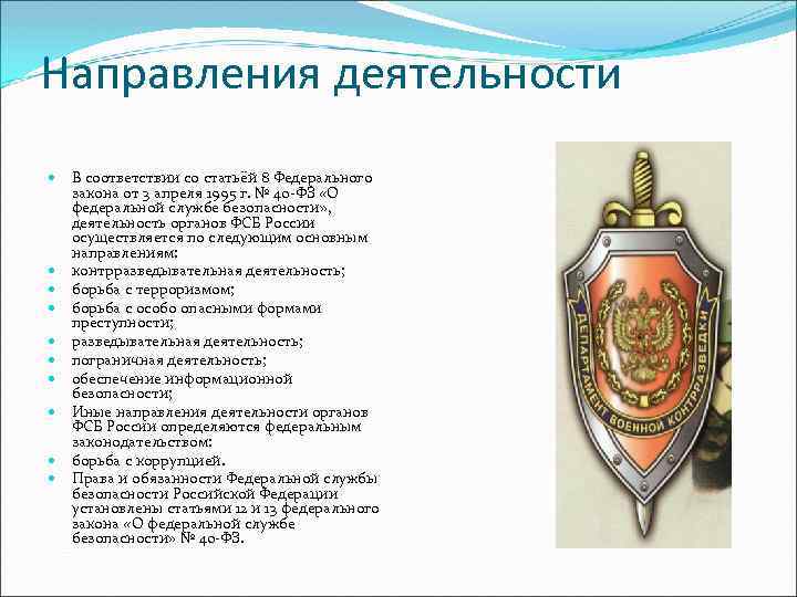 Направления деятельности В соответствии со статьёй 8 Федерального закона от 3 апреля 1995 г.