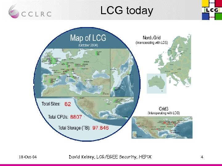 LCG today 18 -Oct-04 David Kelsey, LCG/EGEE Security, HEPi. X 4 