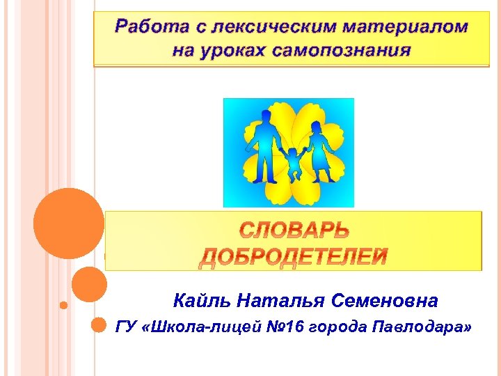Работа с лексическим материалом на уроках самопознания Кайль Наталья Семеновна ГУ «Школа-лицей № 16