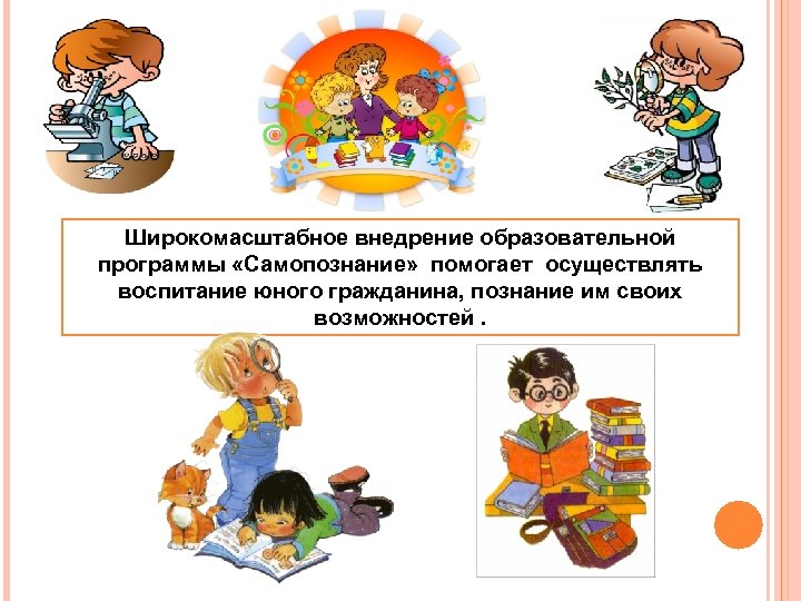 Широкомасштабное внедрение образовательной программы «Самопознание» помогает осуществлять воспитание юного гражданина, познание им своих возможностей.