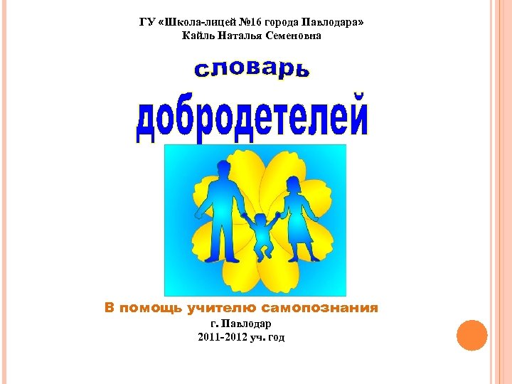 ГУ «Школа-лицей № 16 города Павлодара» Кайль Наталья Семеновна В помощь учителю самопознания г.