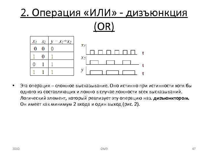 2. Операция «ИЛИ» дизъюнкция (OR) • 2010 Эта операция – сложное высказывание. Оно истинно