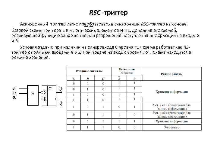 RSC -триггер Асинхронный триггер легко преобразовать в синхронный RSC триггер на основе базовой схемы