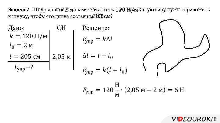  Задача 2. Шнур длиной 2 м имеет жесткость, 120 Н/м. Какую силу нужно